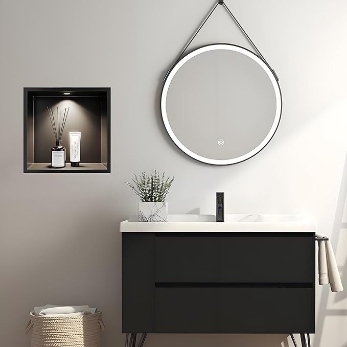 Neodrain 12X12Inch Shower Niche with Non-dimmable LED Downlight, Matte Black Wall Niche Stainless Steel No Tile Needed Recessed Niche for Bathroom Storage