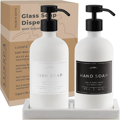 Lotion, Hand & Dish Soap Dispenser for Kitchen Sink - Bathroom Soap Dispenser Set of 2 16.8 Oz Glass Bottles with Stainless Steel Pump, 15 Water Proof Labels & Silicon Tray (White/Black)