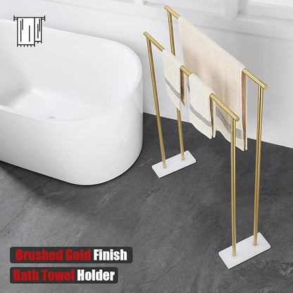 JQK Bath Towel Bar Free Standing Gold, 30 Inch Stand Double Towel Rack Holder Shelf for Bathroom Floor, Brushed Gold, BTH120L30-WG