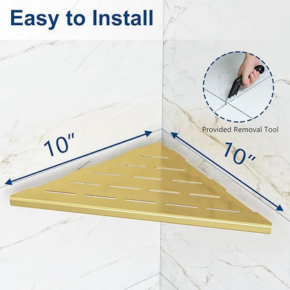 Corner Shower Shelves, 10” Recessed Tile Shower Shelf, 304 Stainless Steel Grout in Corner Tile Shower Shelves, No Drilling, Brushed Golden, 2 Pack