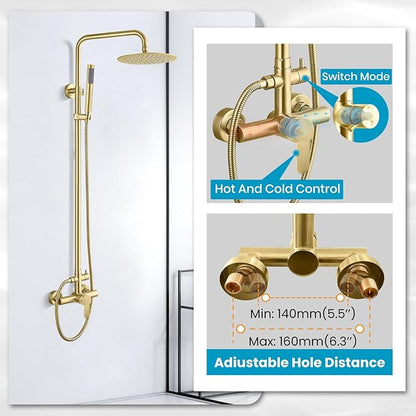gotonovo Outdoor Shower Fixtures SUS304 Stainless Steel Rain Shower Kit Faucet High Pressure Wall Mount 2 Dual Function 8 Inch Showerhead and Handheld Spray Combo, Single Handle, Brushed Gold