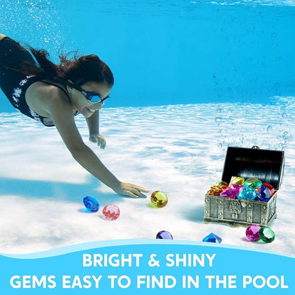 Sloosh Diving Gems Pool Toys, 16 Big Colorful Diamond with Pirate Treasure Chest,Swim Dive Toy for Kids Underwater Gemstone Swimming Training Gift Water Pool Games(Gold)