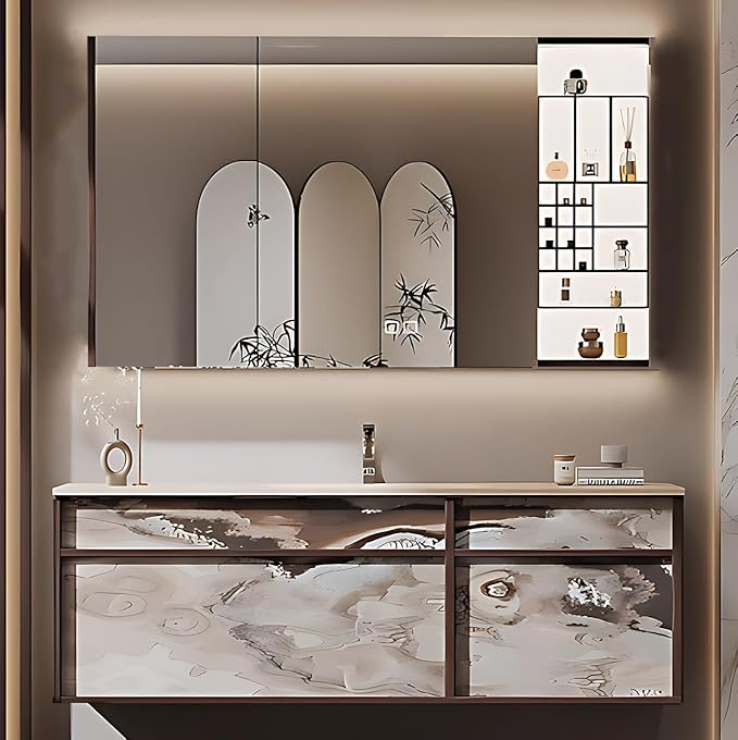 40IN Modern Bathroom Vanity with Sink - Bathroom Vanity with 2 Drawer Organizer, LED Mirror Lights & Defogging Function | Wall - Mounted Vanity with Silver Sink Faucet