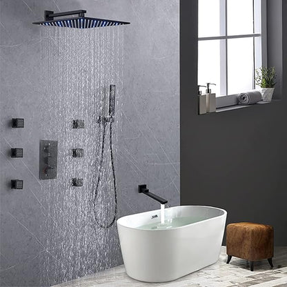 Thermostatic Shower System Matte Black Shower Fixtures 12 Inch Wall Mounted Full Body Shower System with Tub Spout, 4 Way Shower Faucet with 6 PCS Body Jets, Handheld Shower