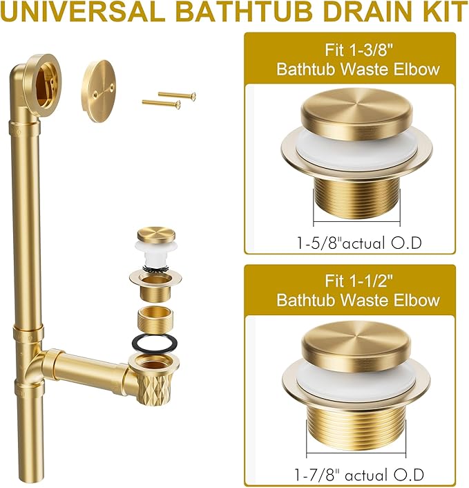 Champagne Bronze Bathtub Drain Stopper and Overflow Kit, Solid Brass Tip-Toe Bath Tub Drain with Hair Catcher - Universal Coarse/Fine Thread, Bathroom Bathtub Plug Replacement, 11.5/16 UNC