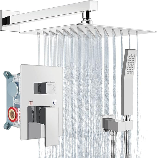 Aolemi Shower Faucet Set Rain Shower System with Handheld Spray Bathroom Shower Combo Rough-in Valve and Shower Trim Kit Included Polish Chrom 10 Inch Wall Mount Shower Head