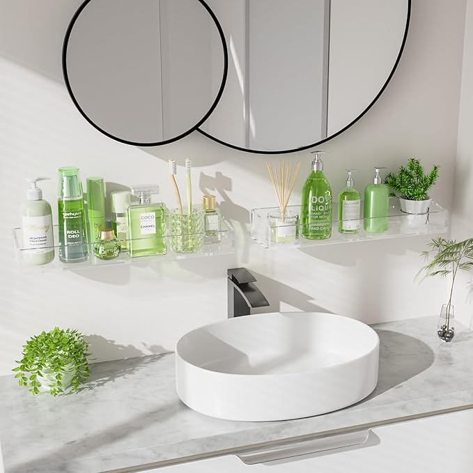 6PCS Acrylic Floating Shelves for Wall, 15" Clear Acrylic Shelves, Bathroom Shelf with Two Types of Installation, Space Saving Hanging Wall Shelf for Bathroom, Living Room, Bedroom, Kitchen