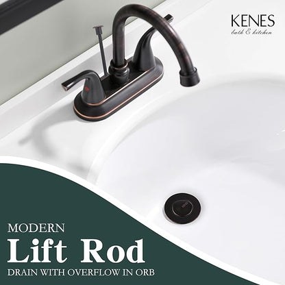 KENES Oil Rubbed Bronze Bathroom Sink Drain Assembly with Lift Rod, Bathroom Sink Drain with Overflow, Lavatory Pop Up Drain Stopper for Bathroom Vanity Sink, LJ-P701-8