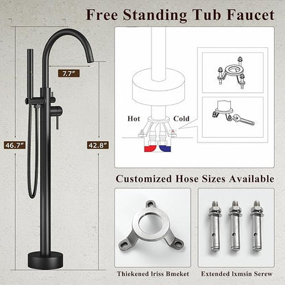 Freestanding Bathtub Faucet Matte Black Tub Filler Floor Mount Free Standing Metal Bathroom Tub Gooseneck Spout With 2 Function Hand Shower