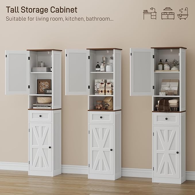 67" H Tall Bathroom Cabinet, Narrow Storage Cabinet with 2 Barn Doors and 1 Drawer, Freestanding Floor Cabinets with 5 Shelves and Open Storage Shelf for Bathroom, Living Room, Kitchen, White