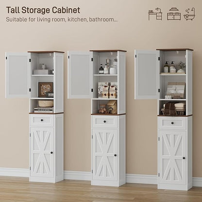 67" H Tall Bathroom Cabinet, Narrow Storage Cabinet with 2 Barn Doors and 1 Drawer, Freestanding Floor Cabinets with 5 Shelves and Open Storage Shelf for Bathroom, Living Room, Kitchen, White