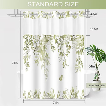 No Hook Shower Curtain and Liner Set, Beige Eucalyptus Floral Shower Curtains for Bathroom, Bath Curtain Sets with Snap in Liner, Waterproof with See Through Top Window, 71x74 Inches