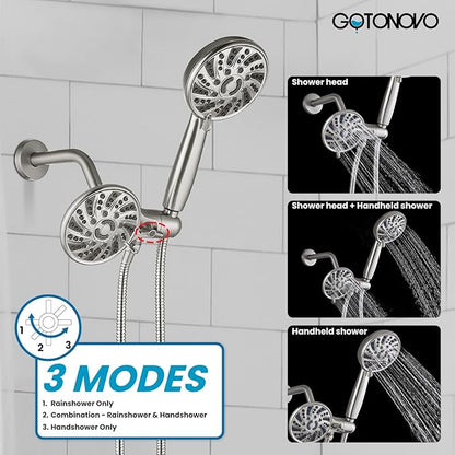 gotonovo Dual 2 in 1 Shower Head Kit High Pressure Combo System Shower Faucet 6 Modes ABS Handheld Spray Shower Trim Kit with Valve Shower Head and Handle Set Brushed Nickel