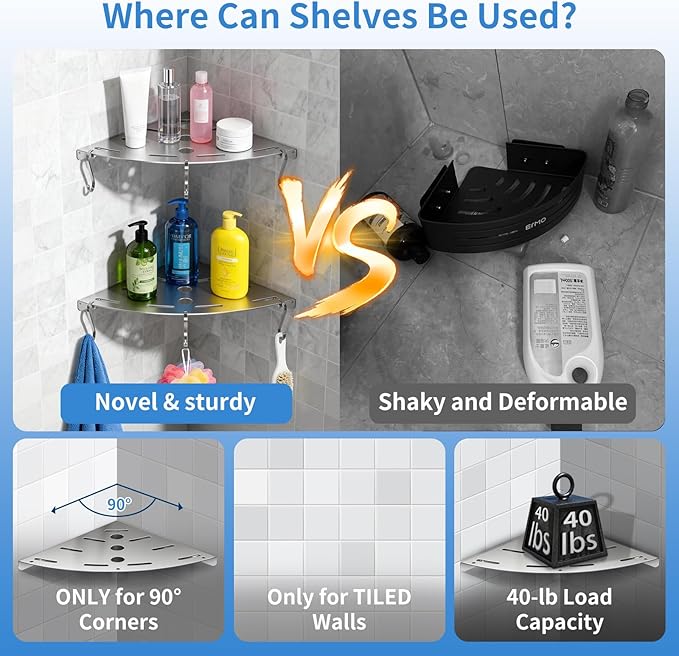 XIHLZYEH Corner Shower Shelves, 2 Pack 304 Stainless Steel Shower Shelf with 6 Hooks 40 lbs Heavy Duty, Rustproof Wall Mounted Organizer for Bathroom Drilling Installation (Silver)