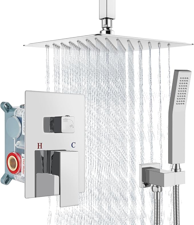 Aolemi Ceiling Mount Shower System Rain Shower Head with Handheld Spray High Pressure Shower Faucet Set Rough-in Valve Shower Trim Kit Included Bathroom Polish Chrome 8 Inch Ceiling Shower Head