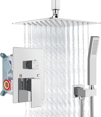 Aolemi Ceiling Mount Shower System Rain Shower Head with Handheld Spray High Pressure Shower Faucet Set Rough-in Valve Shower Trim Kit Included Bathroom Polish Chrome 8 Inch Ceiling Shower Head