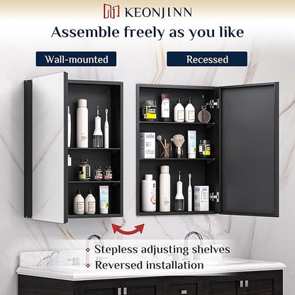 Keonjinn 36 x 24 Inch Black Medicine Cabinet, Bathroom Medicine Cabinet with Mirror, Lightweight Aluminum Structure, Assembly Required, in Wall or Wall Mount, Free Adjustable Shelves, Tempered Glass
