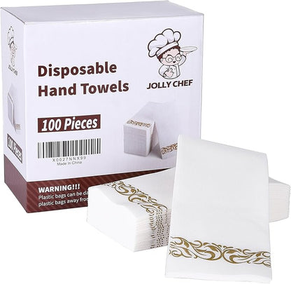 JOLLY CHEF 100 Disposable Hand Towels, Soft and Absorbent Linen Feel Dinner Napkin, Elegant Decorative Paper Guest Towels for Kitchen, Bathroom,Thanksgiving, Weddings,Parties, Gold and White
