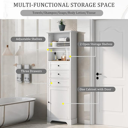 Favfurish 67" Tall Bathroom Storage Cabinet with Door and 3 Drawers,Modern Linen Cabinets w/Adjustable Shelf & 2-Tier Open Shelves,Freestanding Organizer for Bath Room,Study,Office,White