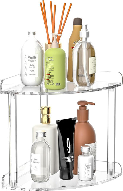 2 Tier Countertop Corner Organizer Shelf 7x7x8 Inch, Acrylic Bathroom Organizer Corner Shelf for Countertop, Clear Vanity Storage Organizer for Skincare, Cosmetics, Perfume