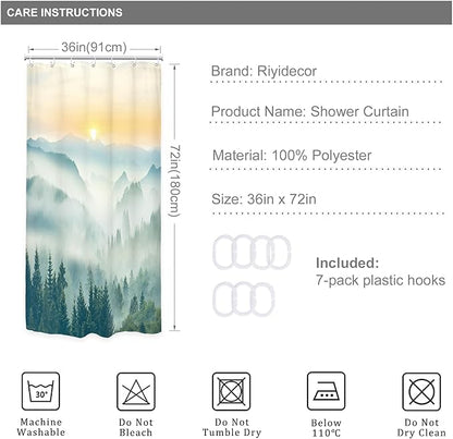 Riyidecor Small Stall Mountain Shower Curtain 36Wx72H Inch RV Narrow Green Yellow Sunset Sunrise Scenery Greenery View Landscape Woodland Bathroom Decor Fabric Polyester Waterproof 7 Pack Hooks