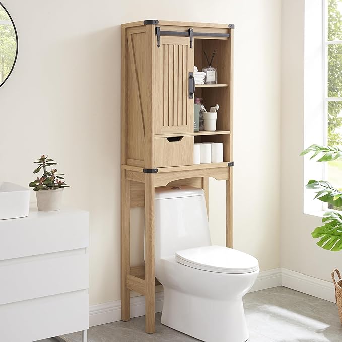 Over The Toilet Storage Cabinet, Farmhouse Storage Cabinet with Adjustable Shelves and Sliding Barn Door, Free Standing Over Toilet Bathroom Organizer (Natural Oak)