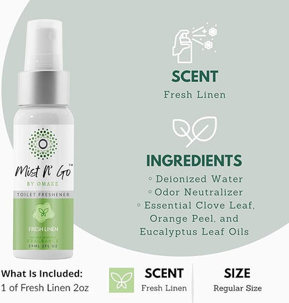 Mist N’ Go by Omaze Travel Bathroom Spray for Toilet Spray Odor Eliminator - Travel Toilet Spray for Bathroom Air Freshener Spray for Bathroom Deodorizer - Fresh Linen Regular Size (2oz x1)