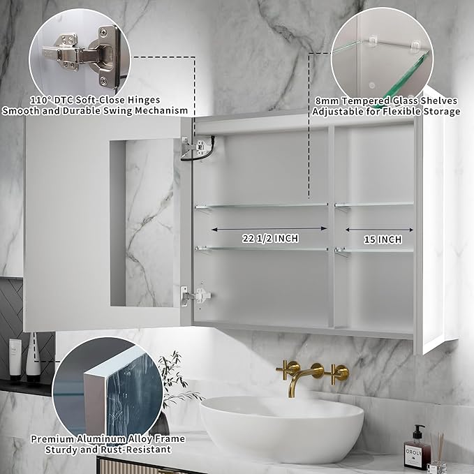 GroGro LED Lighted Bathroom Medicine Cabinet with Mirror,30" W x 30" H Medicine Cabinet with Lights,Surface or Recessed Mounting,Defog,Dimming,3-Color Temperature Adjustment