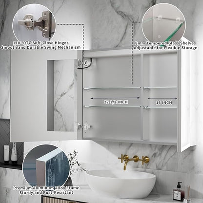 GroGro LED Lighted Bathroom Medicine Cabinet with Mirror,30" W x 30" H Medicine Cabinet with Lights,Surface or Recessed Mounting,Defog,Dimming,3-Color Temperature Adjustment