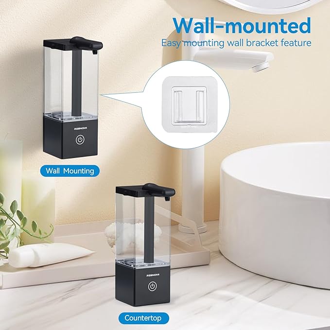 Automatic Soap Dispenser Touchless, Soap Dispenser Bathroom, Large Transparent Reservoir&Wall Mount, Type-C Rechargeable&3-Level Adjustable, Water-Resistant, Kitchen, Hotel, and School, Black