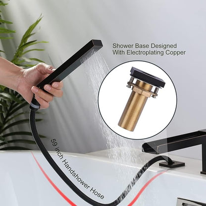 Waterfall Roman Tub Filler Faucet, Deck Mount Bathtub Filler with 360°Swivel Spout, 3 Holes Bathroom Tub Faucet with Sprayer, Oil Rubbed Bronze