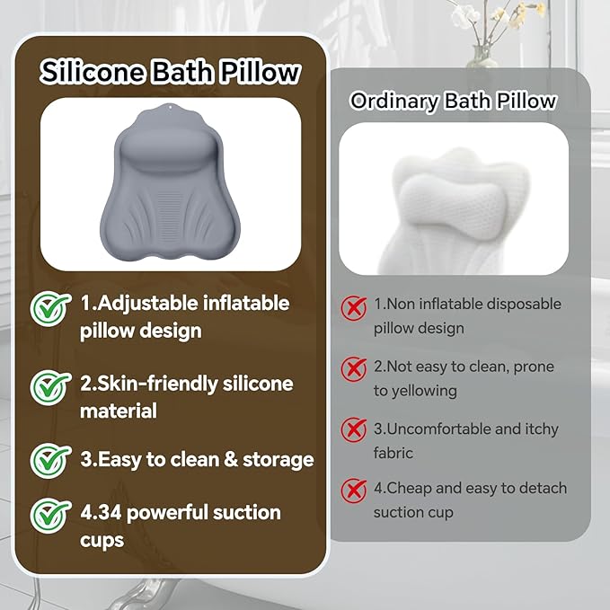Silicone Bath Pillow for Tub Adults, 4D Air-Cushion Bathtub Pillow for Head Neck and Back Support, Non-Slip Suction Cups, Quick-Drying Waterproof Spa Pillow, Easy to Clean & Store，Gray