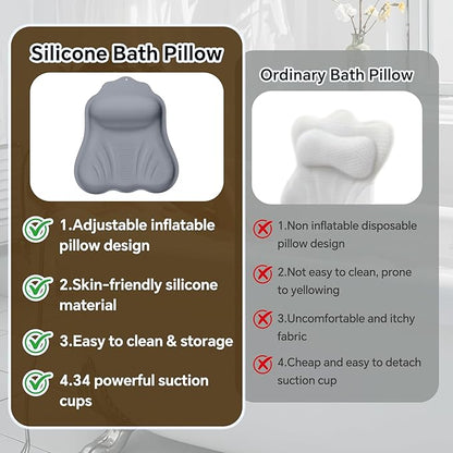 Silicone Bath Pillow for Tub Adults, 4D Air-Cushion Bathtub Pillow for Head Neck and Back Support, Non-Slip Suction Cups, Quick-Drying Waterproof Spa Pillow, Easy to Clean & Store，Gray