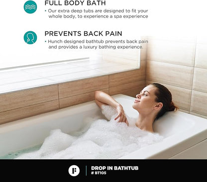 Fine Fixtures Drop In White Soaking Bathtub, Fiberglass Acrylic Material, 72"L x 36"W x 19"H
