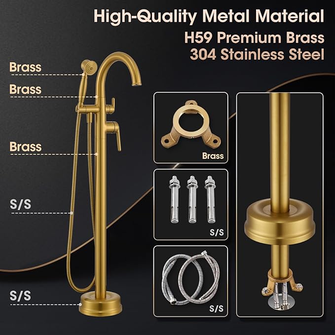 Free Standing Tub Faucet, Wintap Brass Antique Freestanding Bathtub Filler with Handheld Sprayer Max 6.6GPM/60PSI Classic Brushed Gold WT-9811BG