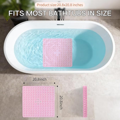 Anti-Slip Bathtub Shower mat, 20.8×20.8（Approximately 53×53cm） inch Soft Oversized Machine Washable Non-Slip Bathtub mat with Drainage Holes, Bathroom Floor Suction Cup.（1-Clear Pink）