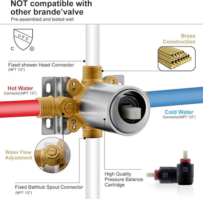 KENES Brushed Nickel Tub Shower Faucet Set Complete, Tub and Shower Trim Kit with 10-Inch Rain Shower Head, Square Shower System, KE-6024A (Shower Valve Included)