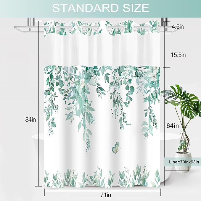 No Hook Shower Curtain and Liner Set, Teal Eucalyptus Floral Shower Curtains for Bathroom, Bath Curtain Sets with Snap in Liner, Waterproof with See Through Top Window, 71x84 Inches