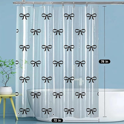 Clear Cute Black Bow Shower Curtain Liner, Plastic Transparent Girly Fancy Shower Curtain, Aesthetic Preppy Shower Curtain Bow Bathroom Decor for Women, 72x78 Shower Curtain Set with Magnets 12 Hooks