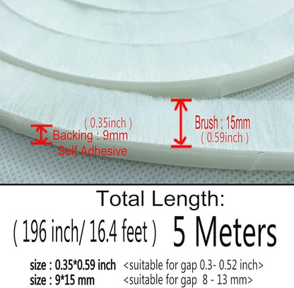 Felt Pile Weather Stripping Brush for Sliding Windows/Doors Frame Side, Self Adhesive Weatherstrip Seal Strip Sealer for Soundproofing (16ft x11/32 Backing x 9/16 Brush inch, White)
