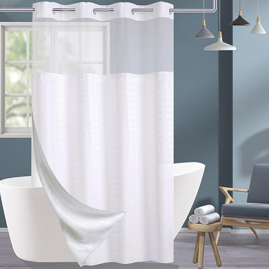 Conbo Mio Stall No Hook Shower Curtain with Snap in Liner Set, Hotel Luxury White Fabric Shower Curtains for Bathroom with See Through Top Window, Washable, Waterproof 54W x 74H