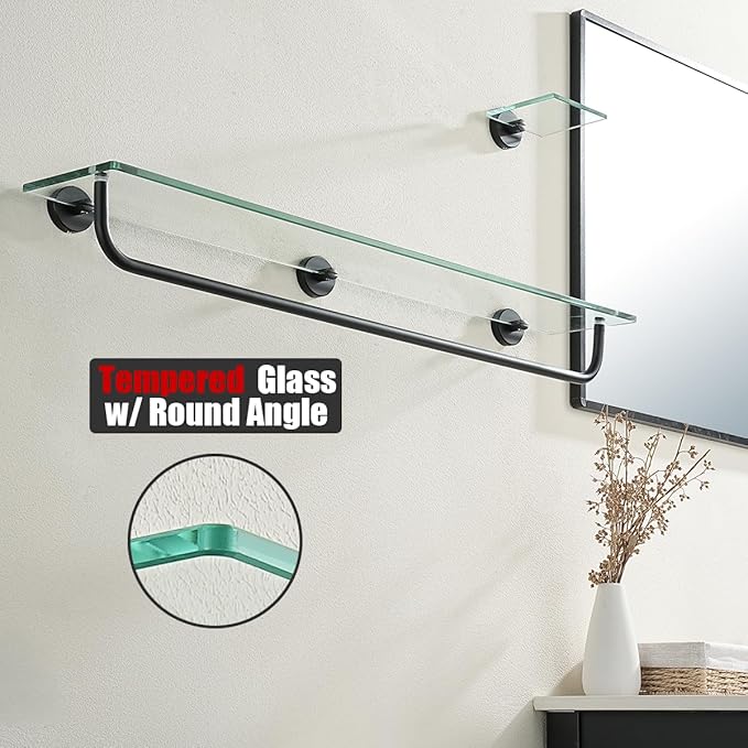 JQK Bathroom Glass Shelf, Shelf with 29 Inch Towel Bar Tempered Glass Shower Storage 30 by 5 inches, 304 Stainless Steel Matte Black Wall Mount, TGS100L30-PB