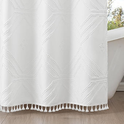 ROSERY No Hook Shower Curtain with Snap in Fabric Liner Set, Boho Farmhouse Jacquard Tufted Geometric Striped Shower Curtain for Bathroom with Tassel, Geometric Pattern, 71" W x 74" L