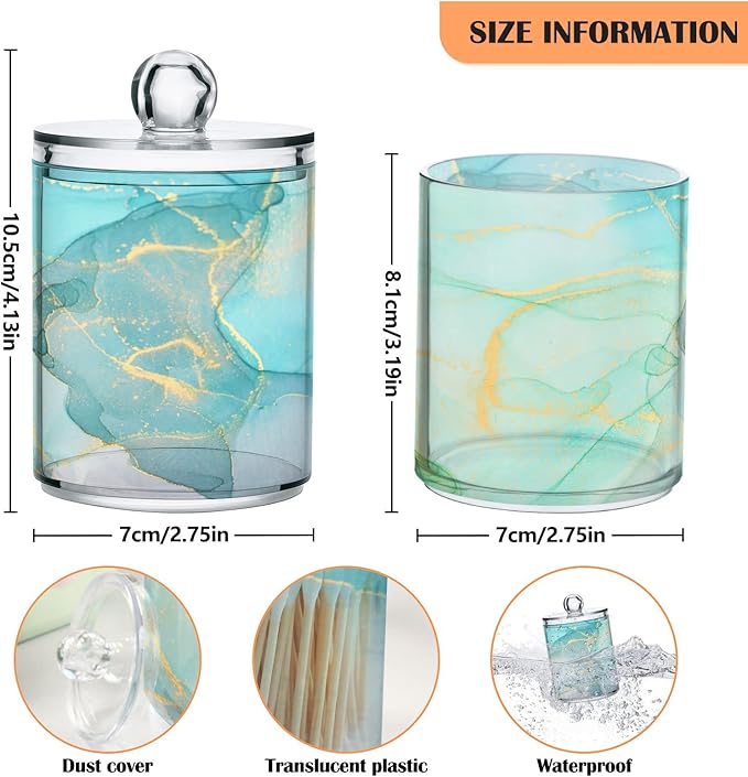 MNSRUU 2 Pack Qtip Holder Organizer Dispenser Modern Art Marble Teal Bathroom Storage Canister Cotton Ball Holder Bathroom Containers for Cotton Swabs/Pads/Floss