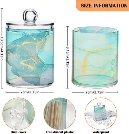 MNSRUU 2 Pack Qtip Holder Organizer Dispenser Modern Art Marble Teal Bathroom Storage Canister Cotton Ball Holder Bathroom Containers for Cotton Swabs/Pads/Floss