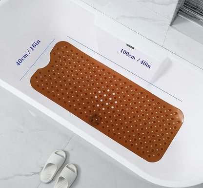 Anti-Slip Bathtub Shower mat, 39.3×15.7 inch（Approximately 100 × 40cm） Soft Oversized Machine Washable Non-Slip Bathtub mat with Drainage Holes, Bathroom Floor Suction Cup.（1-Clear Brown）