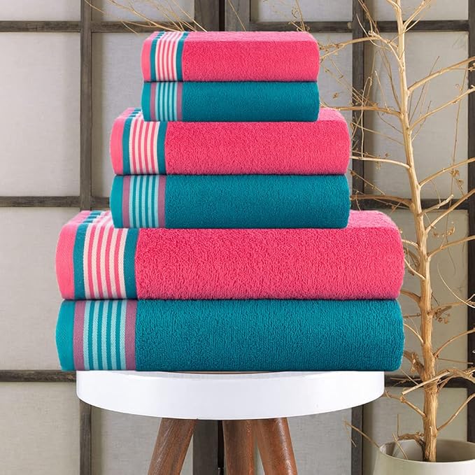 CASA COPENHAGEN He & She 6 Pieces Towel Set- Teal + Pink, 550 GSM 2 Bath Towel 2 Hand Towel 2 Washcloth, Designed in Denmark Made of Soft Egyptian Cotton for Bathroom, Kitchen & Shower