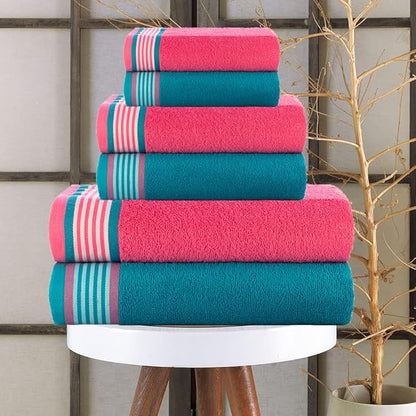 CASA COPENHAGEN He & She 6 Pieces Towel Set- Teal + Pink, 550 GSM 2 Bath Towel 2 Hand Towel 2 Washcloth, Designed in Denmark Made of Soft Egyptian Cotton for Bathroom, Kitchen & Shower