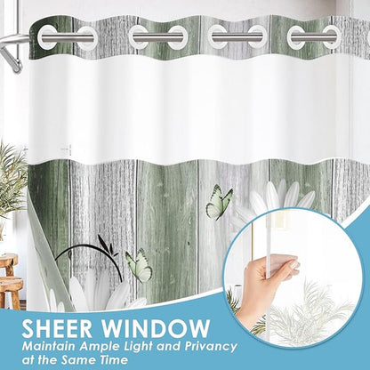 No Hook Green Daisy and Butterfly Shower Curtain with Snap in Fabric Liner Set, Rustic Farmhouse Double Layers Waterproof Fabric with See Through Top Window Open Grommet Bath Curtain 54x80 Inch
