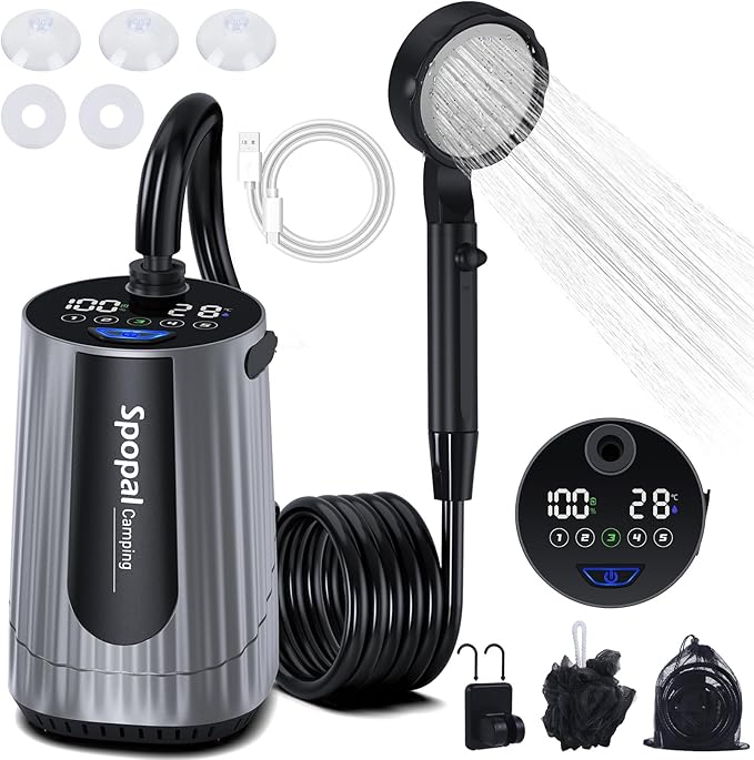 Portable Shower for Camping, [Upgraded] 10000mAh Rechargeable Camping Shower with 5 Adjustable Speeds,Premium LED Display, IPX8 Waterproof Outdoor Shower Kit for Hiking, Car, Pet, Travel